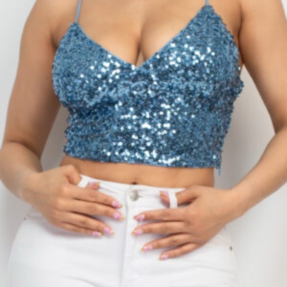 Iris Blue Sequin Sleeveless Camisole Crop Top
